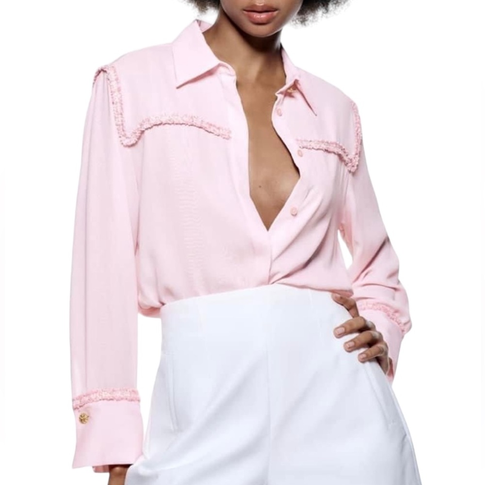 Zara Light Pink Contrast Textured Fringe Button Down Blouse - M
